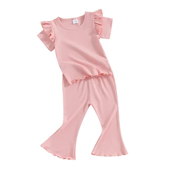 Весенние наряды для маленьких девочек, однотонные футболки в рубчик, топы, брюки-клеш с эластичной резинкой на талии, комплект одежды из 2 предметов - Изображение 1  