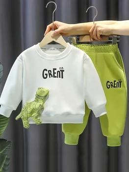Осенний комплект одежды для маленьких девочек и мальчиков, детский свитер с динозавром из мультфильма, пуловер, топ и брюки, костюм из 2 предметов, спортивный костюм с надписью - Изображение 1  