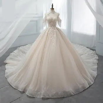2021 Сексуальное свадебное платье с V-образным вырезом и шлейфом, классическое кружевное бальное платье принцессы с открытыми плечами, роскошное платье для танцев - Изображение 1  