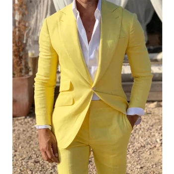 2023 Желтые пляжные мужские костюмы Slim Fit, 2 предмета, смокинг, костюм с отворотом, блейзер с брюками, мужской модный комплект, свадебный жених - Изображение 1  