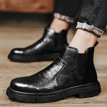 2023 Мужские ботинки, Кожаные повседневные ботинки на платформе, молния, Весенняя мода в британском стиле, Удобная мужская обувь на щиколотке Botas De Hombre - Изображение 1  