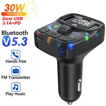 Bluetooth 5.3 Автомобильный FM-передатчик PD 30 Вт Двойной USB 3.1A Type-C Автомобильное Зарядное Устройство Bluetooth Mp3-Плеер Громкой Связи Автомобильный Комплект - Изображение 1  