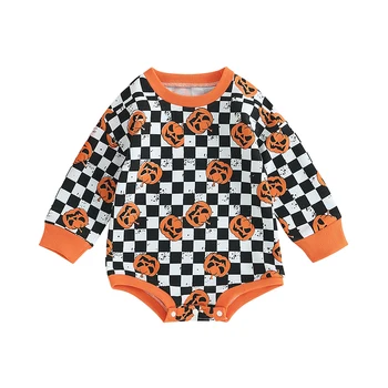 Bmnmsl Детский комбинезон на Хэллоуин с длинным рукавом, боди с принтом тыквы в шахматном порядке, одежда для новорожденных - Изображение 1  