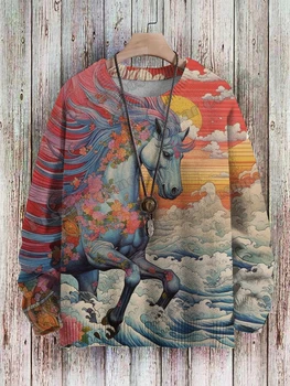 PLstar Cosmos Цветочный рисунок Лошади и Орла с 3D Принтом, Мужской Вязаный Пуловер, Зимний Повседневный Вязаный Пуловер Унисекс, Свитер ZZM119 - Изображение 1  
