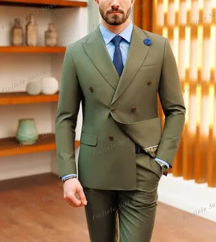 Армейский зеленый мужской деловой костюм, смокинги жениха, свадебная вечеринка, официальный случай, комплект из 2 предметов, куртка и брюки A1 - Изображение 1  