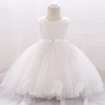 Белое платье для крещения маленьких девочек, кружевные вечерние платья принцессы с цветочным рисунком, одежда для малышей, свадебное платье для девочки на 1-й День рождения - Изображение 1  
