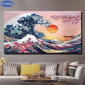 Большая Великая Волна С Закатом Алмазная Живопись Вишневые Цветы Полная Вышивка Бриллиантами Kanagawa Art Cross Stitch Home Decor K125 - Изображение 1  