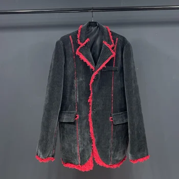 Весенний Вельветовый блейзер с контрастным подолом 2023, пальто, поддельный костюм-двойка, мужская высококачественная куртка оригинального дизайна, Элегантная - Изображение 1  