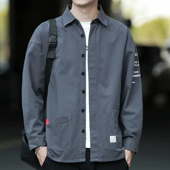 Весенняя мужская рубашка-карго с длинным рукавом, мужская хлопковая рубашка оверсайз, Винтажная Корейская одежда Harajuku, мужская уличная одежда 2024 Q70 - Изображение 1  