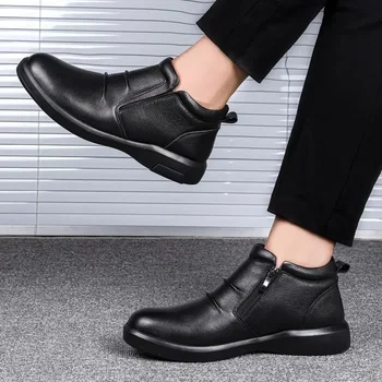 Горячая распродажа 2023 года, мужская обувь, мужские ботинки на молнии, зимние однотонные хлопковые теплые короткие ботинки на низком каблуке - Изображение 1  