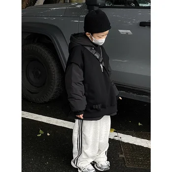 Детская одежда мальчик хлопок-ватник одежда для детей Зима хлопка-ватник одежда в стиле 2023 поддельные из двух стеганых пальто джемпер  - Изображение 1  