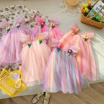 Детская одежда Радужное сетчатое платье для девочек Летняя трехмерная юбка принцессы для девочек в цветочек - Изображение 1  