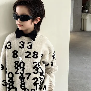 Детский свитер 2023 Осень-зима из плотного жаккарда в корейском стиле для мальчиков и девочек, детский свитер с круглым вырезом, модный свитер - Изображение 1  