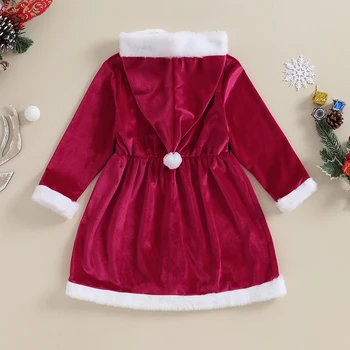 Детское платье для девочек, Рождественская одежда, плюшевая отделка, пояс, вышивка на пуговицах, платье с капюшоном и длинными рукавами, праздничное платье принцессы - Изображение 1  