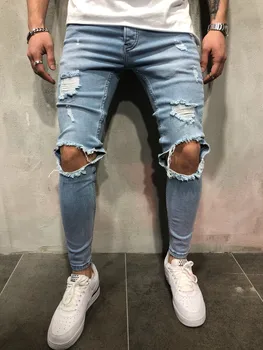 Джинсы для мужчин, Модные обтягивающие рваные джинсовые брюки, байкерские высококачественные мужские облегающие повседневные мужские брюки в стиле хип-хоп для бега трусцой, jean homme - Изображение 1  