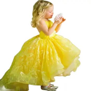Длина Детских желтых кружевных платьев в цветочек для девочек на бретелях для свадебных вечеринок, пышных платьев без рукавов, Тюлевая аппликация на полу - Изображение 1  