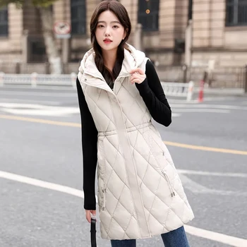Женский жилет без рукавов средней длины, однотонное корейское пальто с капюшоном, свободный женский модный повседневный зимний жилет 2023 года - Изображение 1  