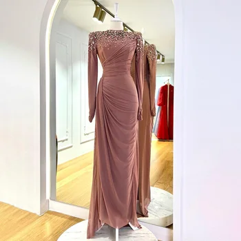 Женское вечернее платье с роскошными кристаллами и длинными рукавами, розовое свадебное платье для гостей, Русалка/Труба, элегантная мать невесты  - Изображение 1  