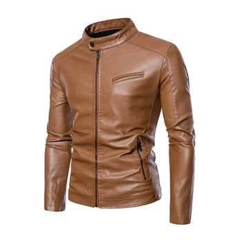 Зимние мужские кожаные мотоциклетные куртки со стоячим воротником, тонкие пальто из искусственной кожи, осенняя мужская уличная байкерская кожаная куртка, мужская одежда - Изображение 1  