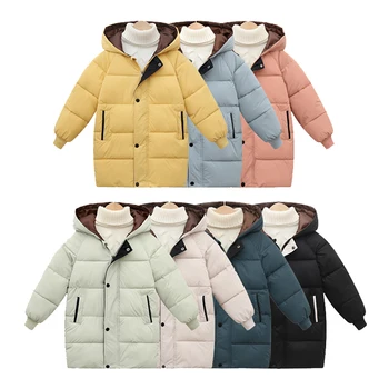 Зимние пуховики для мальчиков и девочек, детская одежда, утепленная куртка средней длины с капюшоном, утепленная куртка на пуху для девочек - Изображение 1  