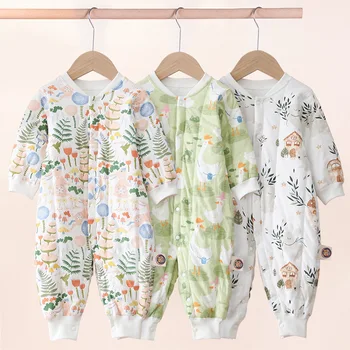 Зимняя детская пижама с мультяшным принтом, Спальный мешок для новорожденных, Детский цельный комбинезон, Хлопковая пижама для малышей, Одежда для ползания - Изображение 1  