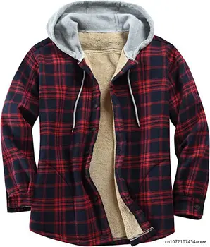 Зимняя мужская куртка, повседневная клетчатая куртка с капюшоном, бархат, Утолщенный Теплый хлопок, Свободная уличная одежда с длинным рукавом, мужские рубашки - Изображение 1  