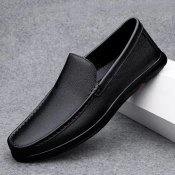 Кожаная Повседневная обувь; Мужские Лоферы без застежки на мягкой подошве; Черные мужские туфли на плоской подошве; Деловая мужская обувь - Изображение 1  