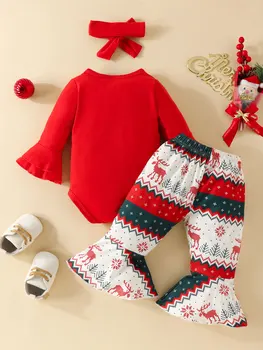 Комбинезон для маленьких девочек на зимние каникулы с расклешенными штанами и повязкой на голове, комплект из 3 предметов - Изображение 1  