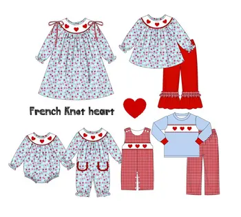 Комплект детской футболки с длинным рукавом на День Святого Валентина, верхняя одежда для мальчиков с круглым вырезом и рисунком французского узла, красные шорты в сетку, комбинезон - Изображение 1  