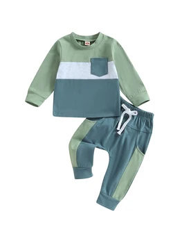 Комплект одежды в стиле пэчворк для мальчика из 2 предметов, толстовка с длинным рукавом, штаны для бега трусцой - стильная осенне-зимняя одежда контрастных цветов - Изображение 1  