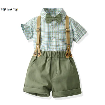 комплекты джентльменской одежды для детей и мальчиков в клетку с коротким рукавом, рубашки с бабочкой + Шорты на подтяжках, Повседневные костюмы для маленьких мальчиков - Изображение 1  