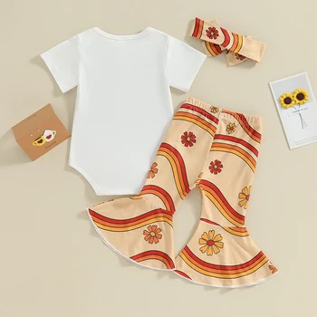 Комплекты штанов из 3 предметов для маленьких девочек, белый комбинезон с коротким рукавом и буквенным принтом, расклешенные брюки с цветочным принтом, комплекты повязок на голову - Изображение 1  