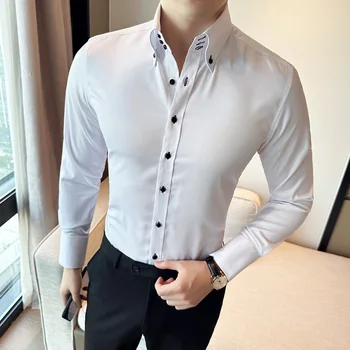 Корейская модная декоративная рубашка на пуговицах для мужчин, деловые повседневные вечерние рубашки с длинным рукавом, Приталенная уличная одежда, мужская одежда - Изображение 1  