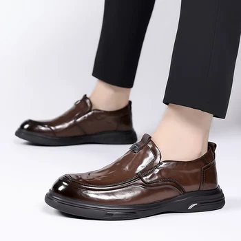Коричневые Кожаные туфли-оксфорды высокого качества, мужские повседневные деловые туфли на мягкой подошве, Удобная мужская обувь, Мужские лоферы без застежки, Обувь для вождения - Изображение 1  