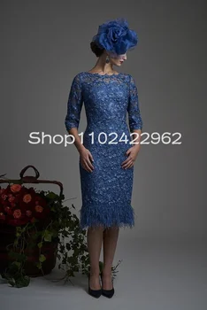Королевско-синие платья для матери Невесты Жениха длиной до колен с коротким рукавом, вязаное крючком Кружевное платье с цветочными перьями для выпускного вечера, Свадебное платье для гостей - Изображение 1  