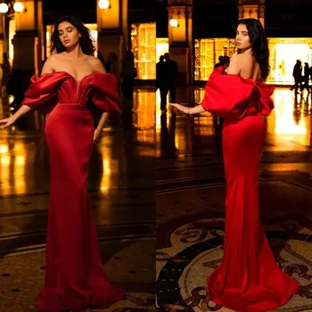 Красное вечернее платье с открытыми плечами, короткий рукав, длина до пола, стреловидный шлейф, атласное платье для женщин для официальных мероприятий, Vestidos para Mujer - Изображение 1  