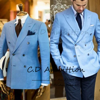 Летние синие костюмы для мужчин, пляжные свадебные, из 2 предметов, приталенный двубортный элегантный блейзер Terno Masculino, повседневная куртка, брюки - Изображение 1  
