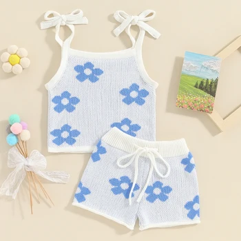 Модные комплекты летней одежды для малышей от 0 до 3 лет Для маленьких девочек, Трикотажные майки с цветочным принтом, топы + Шорты, пляжная одежда - Изображение 1  
