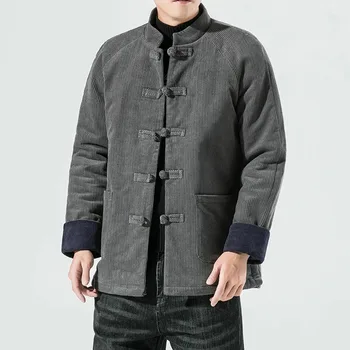 Мужская утепленная теплая куртка с хлопчатобумажной подкладкой в китайском стиле, костюм Тан в ретро-китайском стиле, куртка с хлопчатобумажной подкладкой, Вельветовая куртка - Изображение 1  