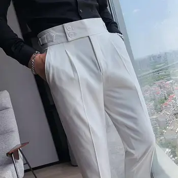 Мужские брюки, классические мужские офисные брюки, приталенный крой, высокая талия, Винтажные карманы для официальных мужских брюк в деловом стиле - Изображение 1  