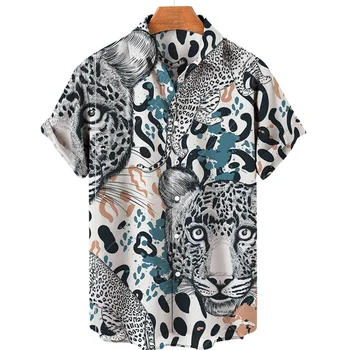 Мужские рубашки с изображением животных и леопарда, Гавайские пляжные рубашки с 3D принтом, топы y2k с коротким рукавом, винтажная одежда, блузка с отворотом. - Изображение 1  