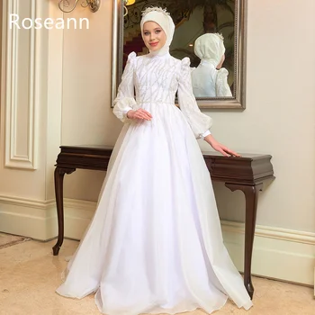 Мусульманское изысканное свадебное платье трапециевидной формы с высоким воротником, Атласная аппликация, ретро-платья для невесты Длиной до пола, свадебное платье robe de mariée - Изображение 1  