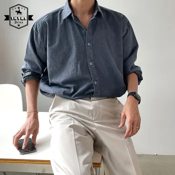 Нишевая джинсовая рубашка в стиле ретро, мужская японская свободная повседневная простота, карго-топ, мужская однотонная износостойкая классическая джинсовая рубашка - Изображение 1  