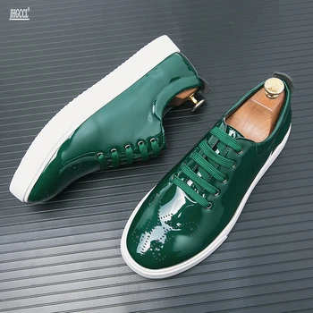 Новая Высококачественная Повседневная обувь Из лакированной кожи, Мужские Кроссовки на шнуровке, Дизайнерская Кожаная обувь hombres zapatos A15 На Зеленой резной Подошве - Изображение 1  