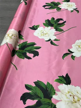 Новая эластичная саржевая шелковая ткань с принтом розового пиона, модная легкая роскошная летняя одежда, пошив текстильных платьев от Yard. - Изображение 1  
