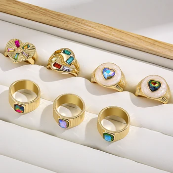 Новые модные кольца с красочными кристаллами для женщин в стиле панк Массивные Геометрические кольца с сердечками для вечеринок, Дружбы, ювелирных изделий на палец, подарков - Изображение 1  