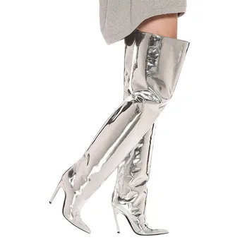 Новые осенне-зимние сапоги выше колена на ультравысоком каблуке с блестящим лицевым покрытием, женские пикантные модные сапоги с металлическими рукавами и острым рукавом на каблуке - Изображение 1  