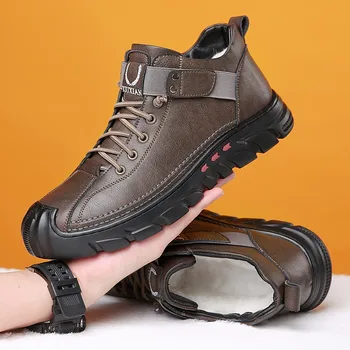 Новые Шерстяные Хлопчатобумажные Ботинки Мужская Плюшевая Хлопчатобумажная Обувь С Высоким Берцем Зимние Кожаные Ботинки Для Мужчин Botas De Cuero Botines De Cuero Para Hombres - Изображение 1  