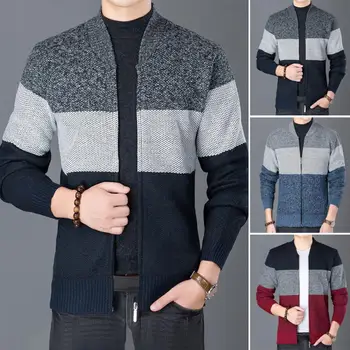 Осенне-зимний мужской вязаный кардиган контрастного цвета в полоску с V-образным вырезом и длинным рукавом, приталенный свитер с застежкой-молнией, пальто, мужская одежда - Изображение 1  