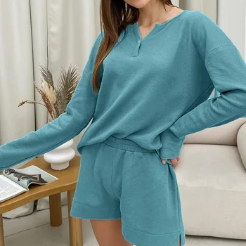 Осенняя женская трикотажная пижама, хлопковая ночная рубашка с длинным рукавом и V-образным вырезом, однотонная верхняя ночная одежда, повседневные женские комплекты домашней пижамы - Изображение 1  